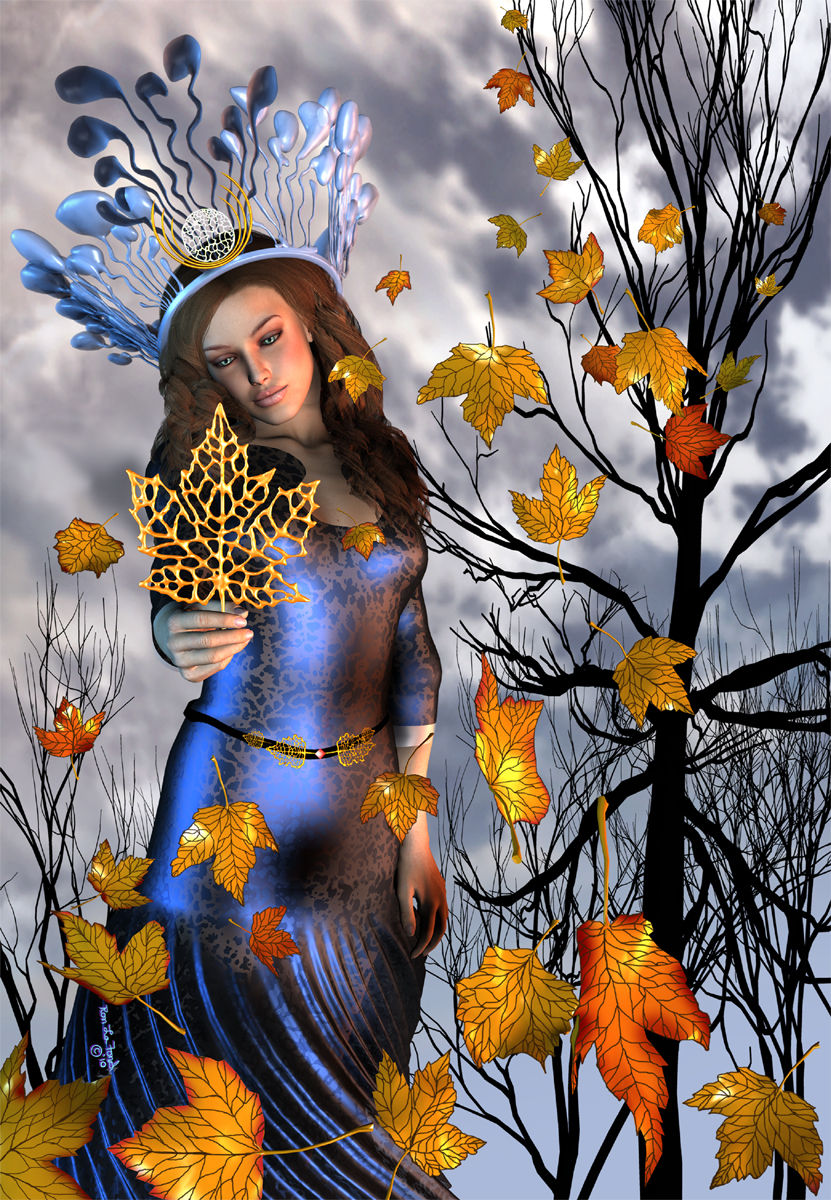 Autumn Goddess ,  she is holding a  lone Leaf ,with Falling Leaves around her, Trees with no leaves, A Gray Sky, Amanda Sage, photorealism, ...