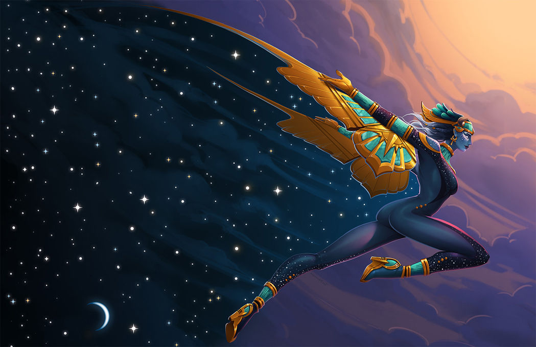 Goddess flying from (space the cosmos) to a new (landscape with trees and rocks) a sunset sky with heavenly clouds , <lora:-Omnious-:1.0> <l...