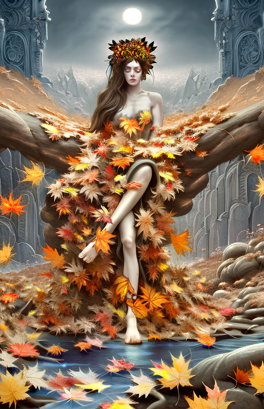 Concept: Beautiful Awesome Autumn Goddess Like sitting rocks and stones , wearing leaves of gold and orange ,reds, hyperrealism ,depth of fi...