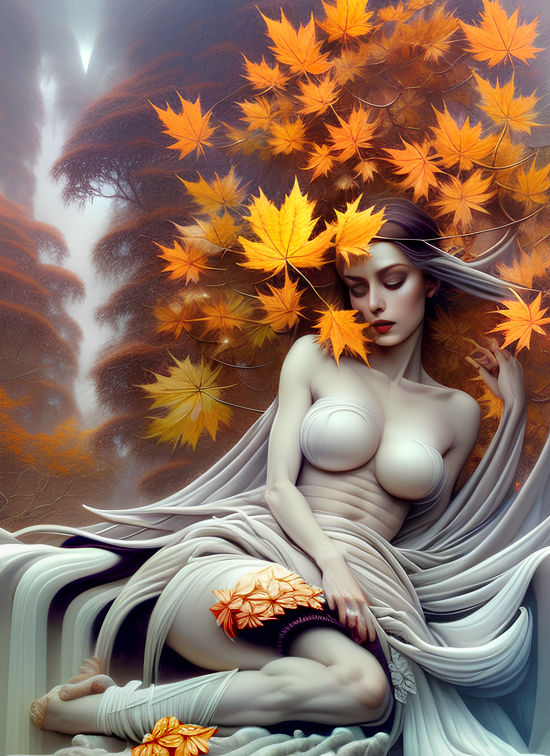 Concept: Beautiful Awesome Autumn Goddess Like, sitting sleepy like, with rocks and stones , wearing leaves of gold and orange ,reds, Greg R...