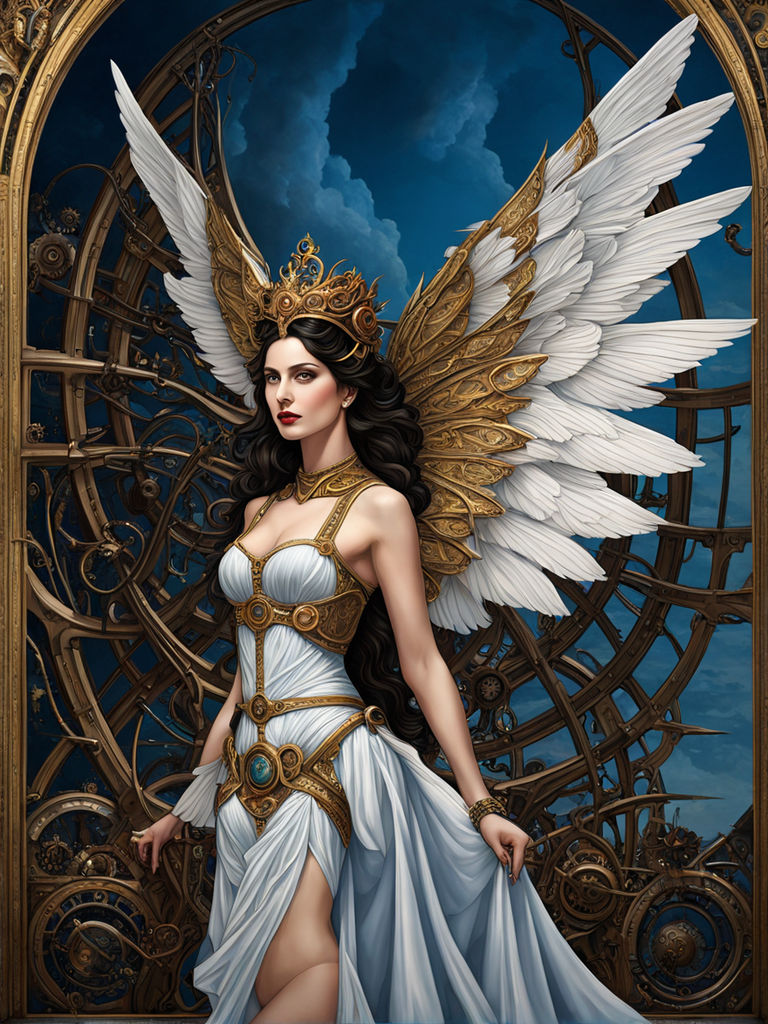 A Steampunk Goddess, Greg Rutkowski, hyperrealism, poster art , airbrush art , depth of field , shadow depth, steampunk, filigree , dynamic ...