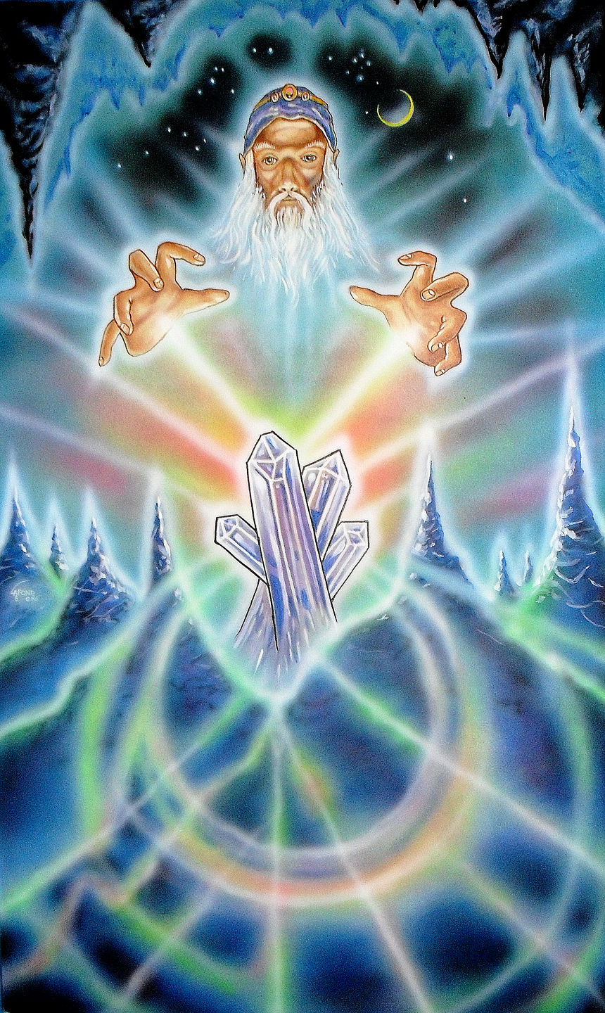 Wizard Merlin, in a cave, with purple power crystals with light radiating out of   >  the center of them..to his hands, Starry sky's hyperre...