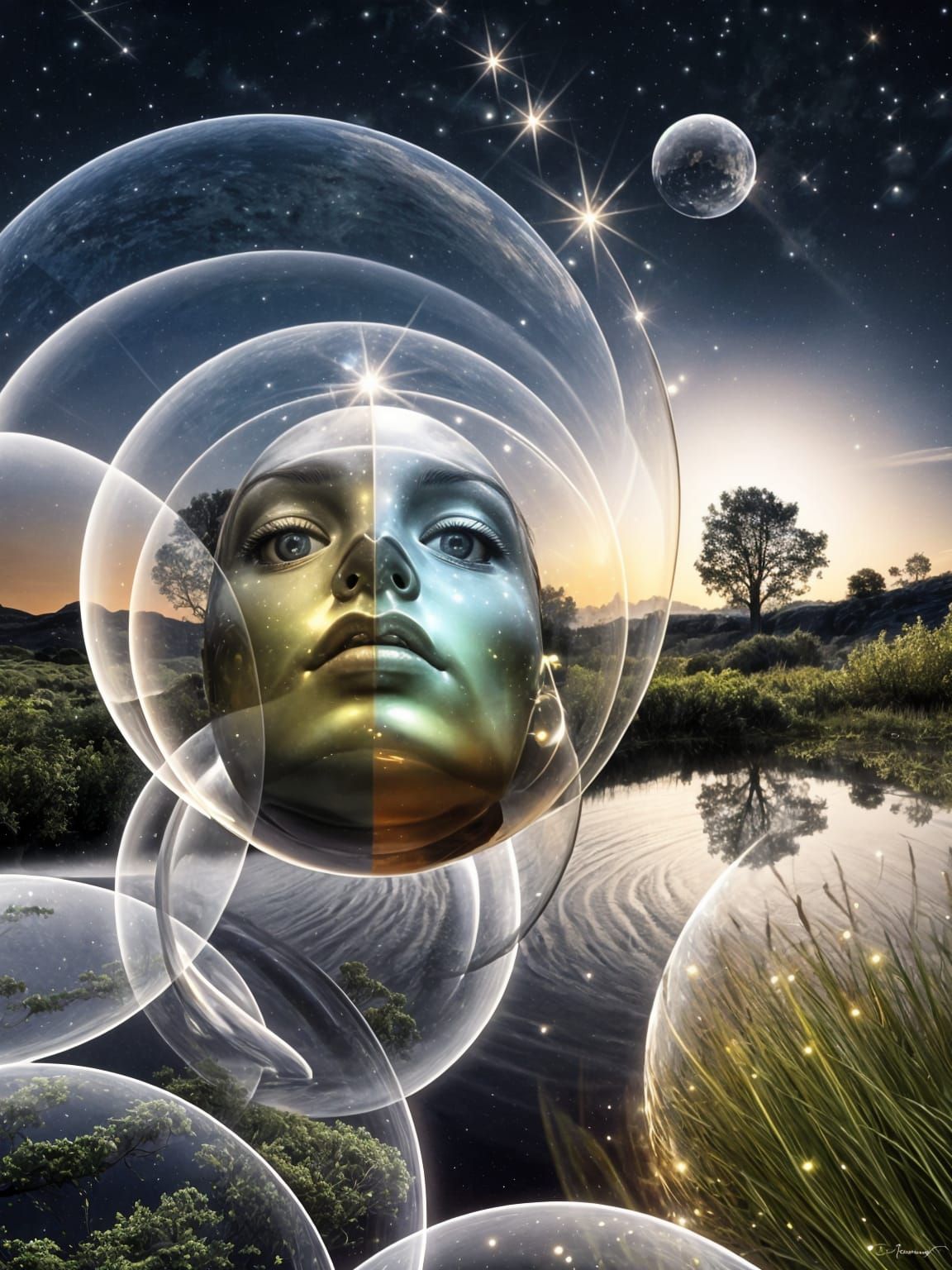 Beautiful Cosmic Woman Face in A Bubble Orb, ,look in up to the sky , earth art, airbrush art ,Greg Rutkowski <lora:mystery:1.0> <lora:Multi...