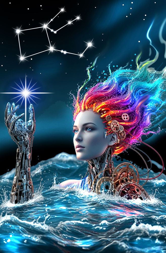 A beautiful realistic goddess with a serene face emerges from a tumultuous sea of vibrant, swirling color waves. Her hand, intricately integ...