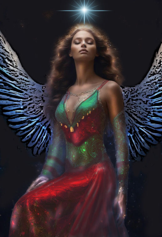 A Christmas Angel Dress in Green & Red Beaded Top, Her Wing are made of Blue Glass like feathers, a Glowing Star shining down on her, a Dark...