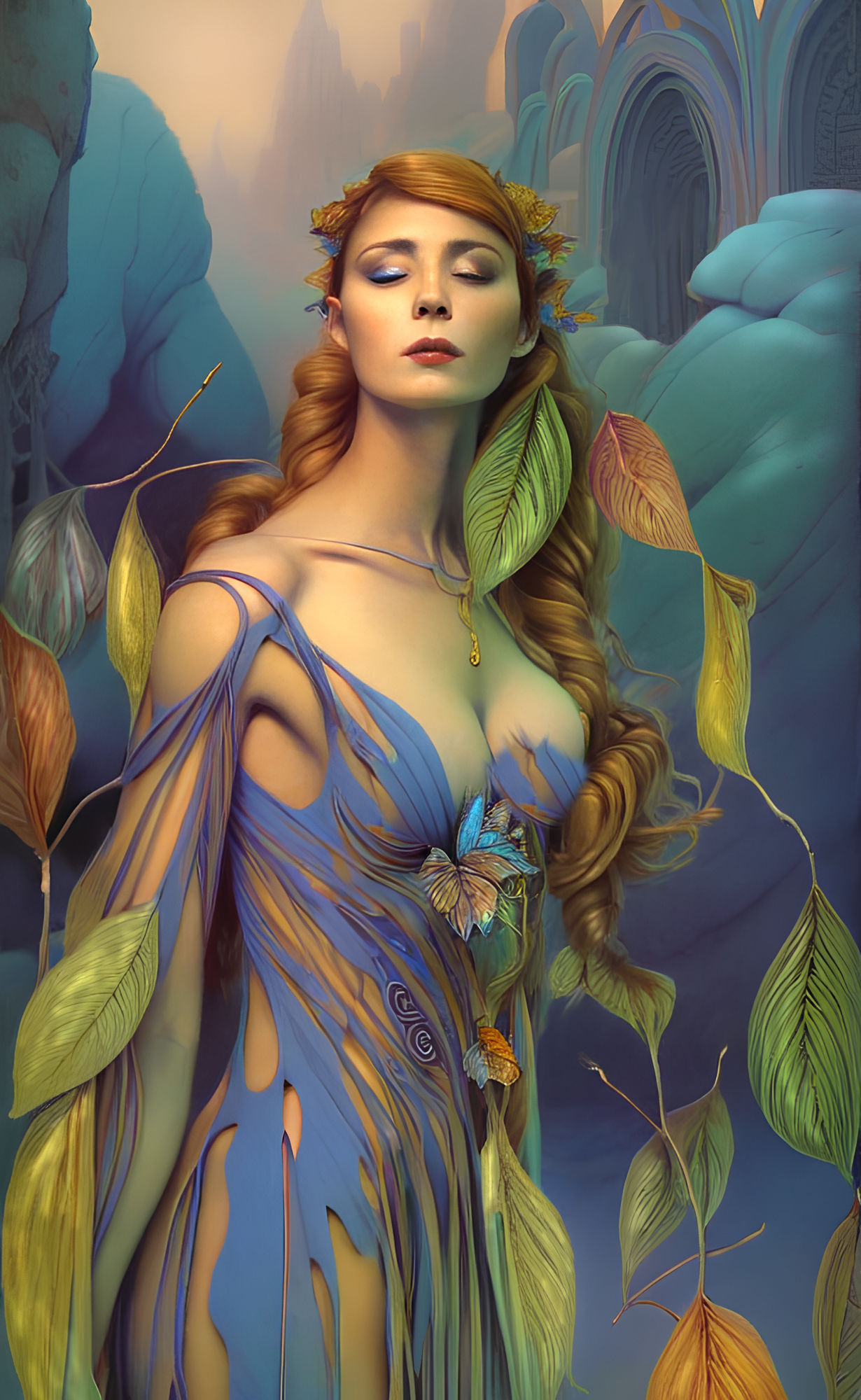 Falling Leaves Everywhere Big And Small Lots of Them , All over the Goddess in Purple Robe Dress with Two Arm showing (((Perfect Hands)))  ,...