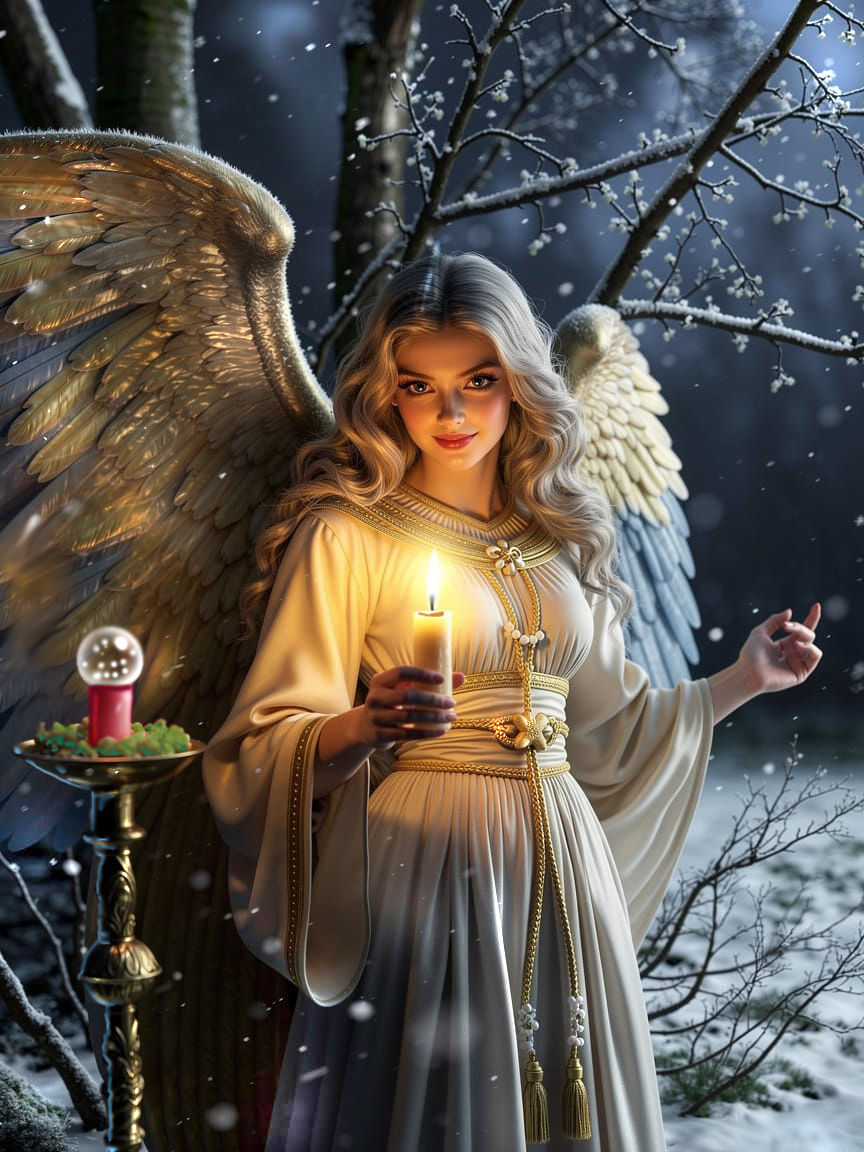 A St <lora:SteampunkFLUX:1.0> eampunk Angel in the Snowy woods, Holding  a Glowing Candle , <lora:Steampunk World:1.0> <lora:Victorian Steam...
