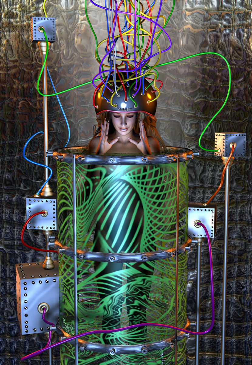 A Woman in a Tube of  Green waves ,her head with (((helmet))) of wires coming out and up, Machine like parts all a around her, Greg Rutkowsk...