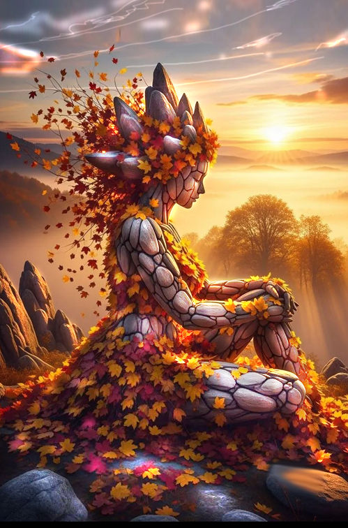 Lady Of Autumn, she is made of Stones ,  Leaves ,Sunset in Sky , Greg Rutkowski hyperrealism airbrush art depth of field dynamic lighting 3D...