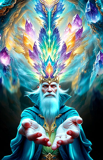 "Wizard Merlin, in a cave, with purple power Lots More crystals with light radiating out of > the center of them..to his< Prefect hands>, hy...