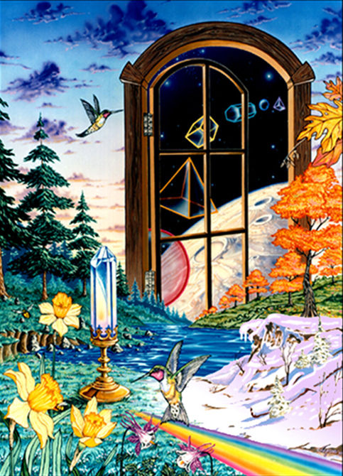 A Window looking on to a Moon ,to Space, Foreground A Crystal ,River ,,Autumn, Winter ,Spring, Summer...With Humming Birds, Bees, Daffodils,...
