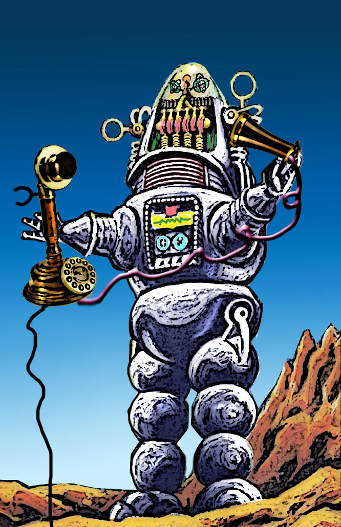 An Old Vintage 40's Robot Talking on a Old Old Candlestick Phone, in Space on a Planet. detailed painting, poster art , depth of field, 3D s...