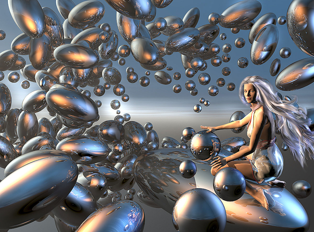 A beautiful Goddess of Chrome, she rides on Chrome Orb's of different Sizes, 3D shading, photorealism, photorealistic, hyperrealism, depth o...