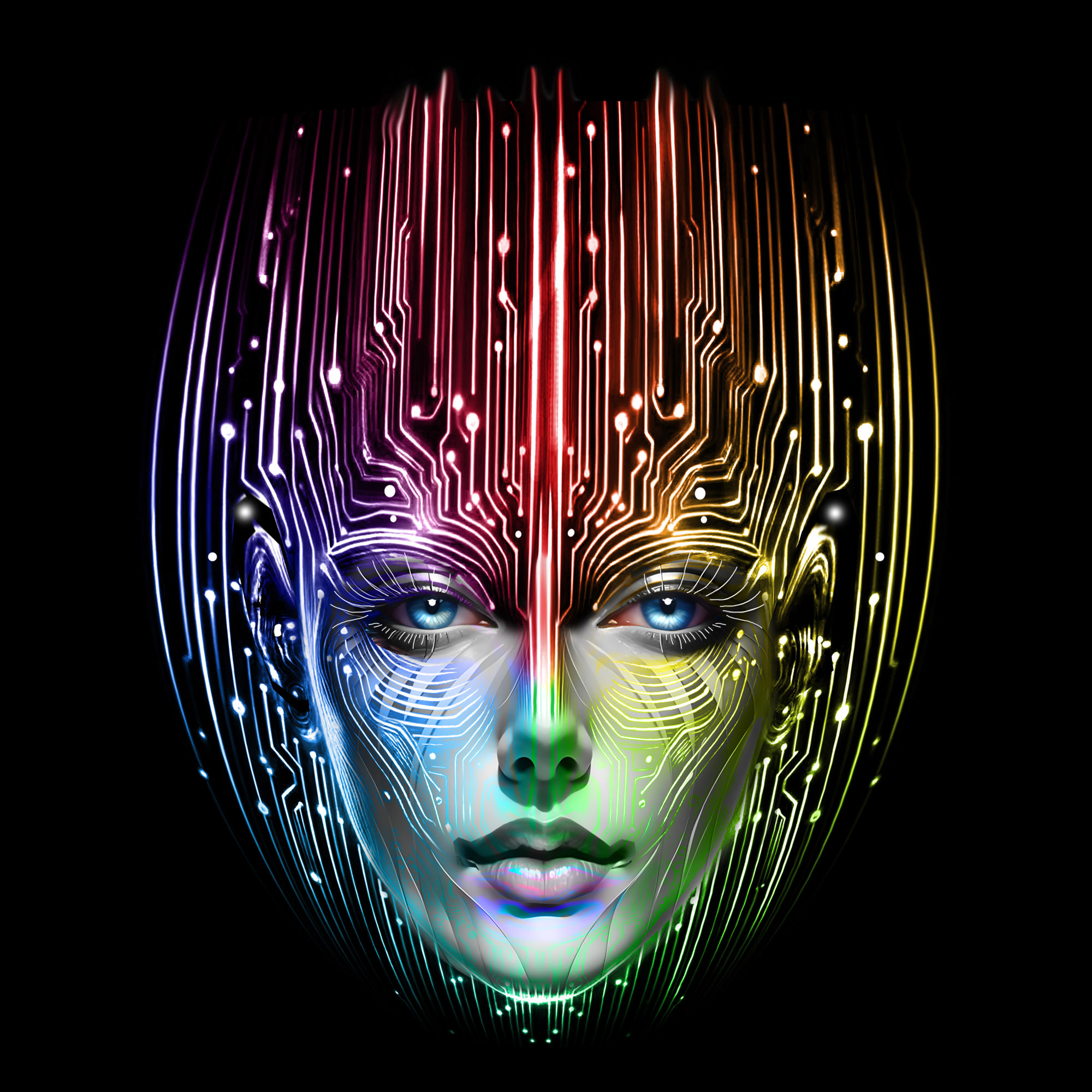 A Woman's Face ,smiling, The Eye's are more life like Photoreal  ,Inside an Circuit Board, in Symmetry Design, Glowing lines Highlights , 3D...