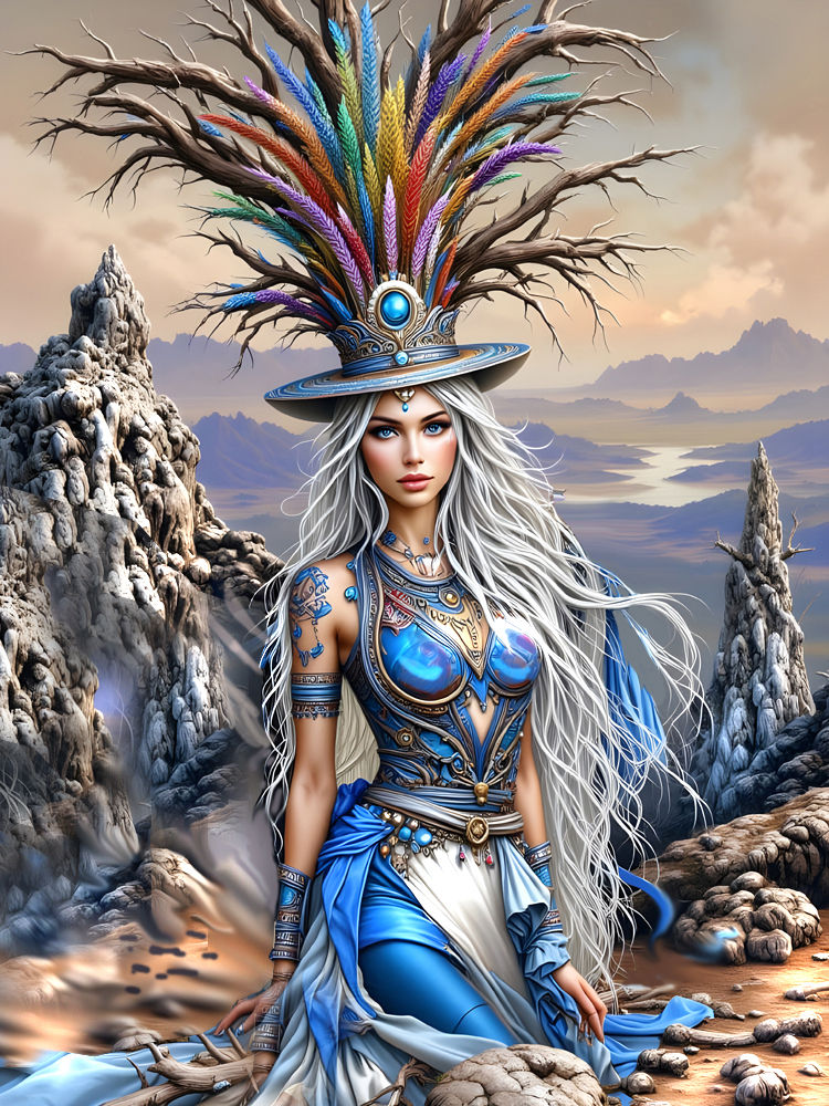 This image shows a majestic goddess in a silver gown and hat, with blue-white hair, surrounded by leafless trees. Colorful sparks erupt from...