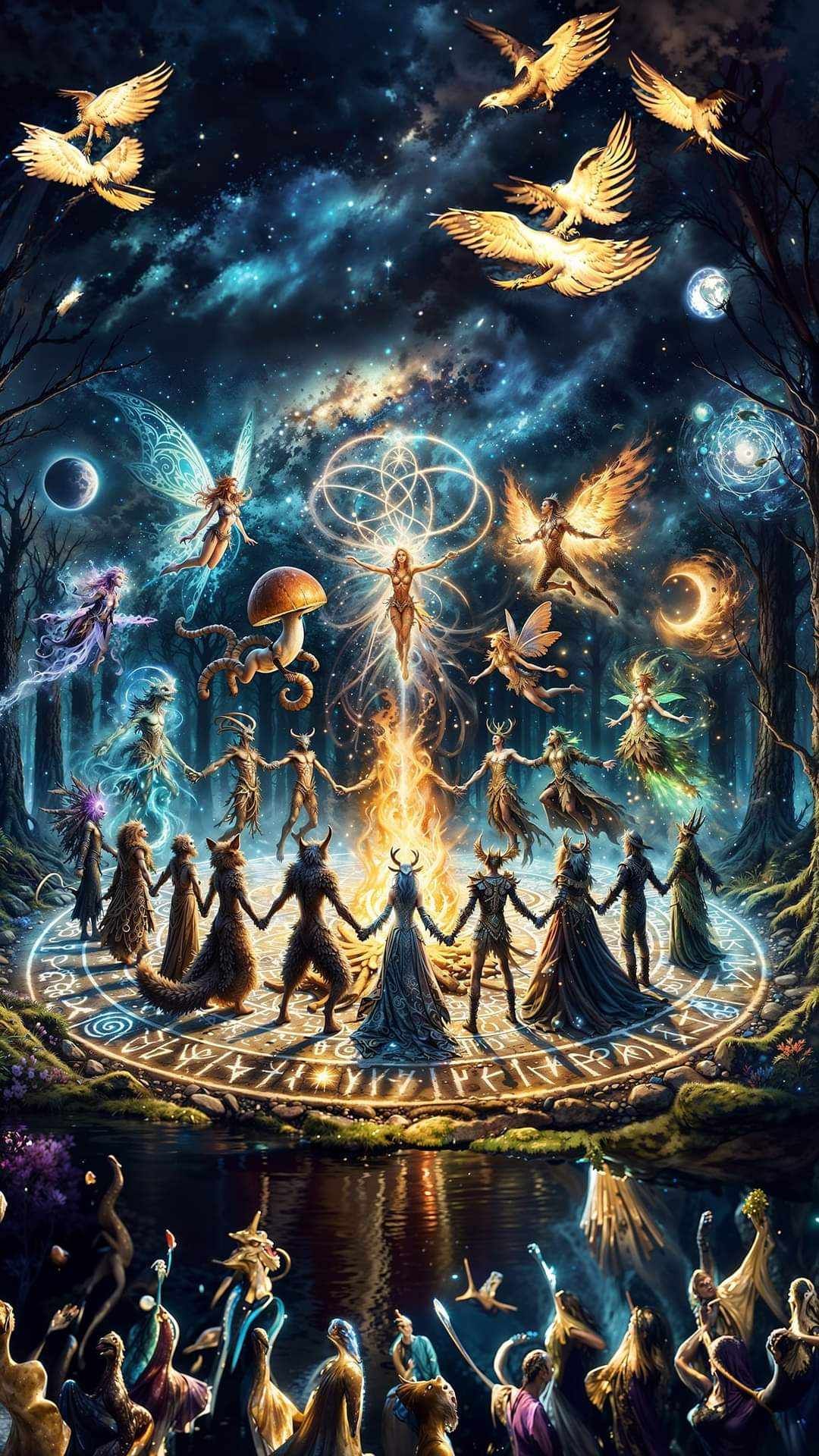 <lora:wizardly:1.2> <lora:magic:1.2> A coven(12 women who practice magic) of beautiful celestial witches meet in the woods to do a ritual un...