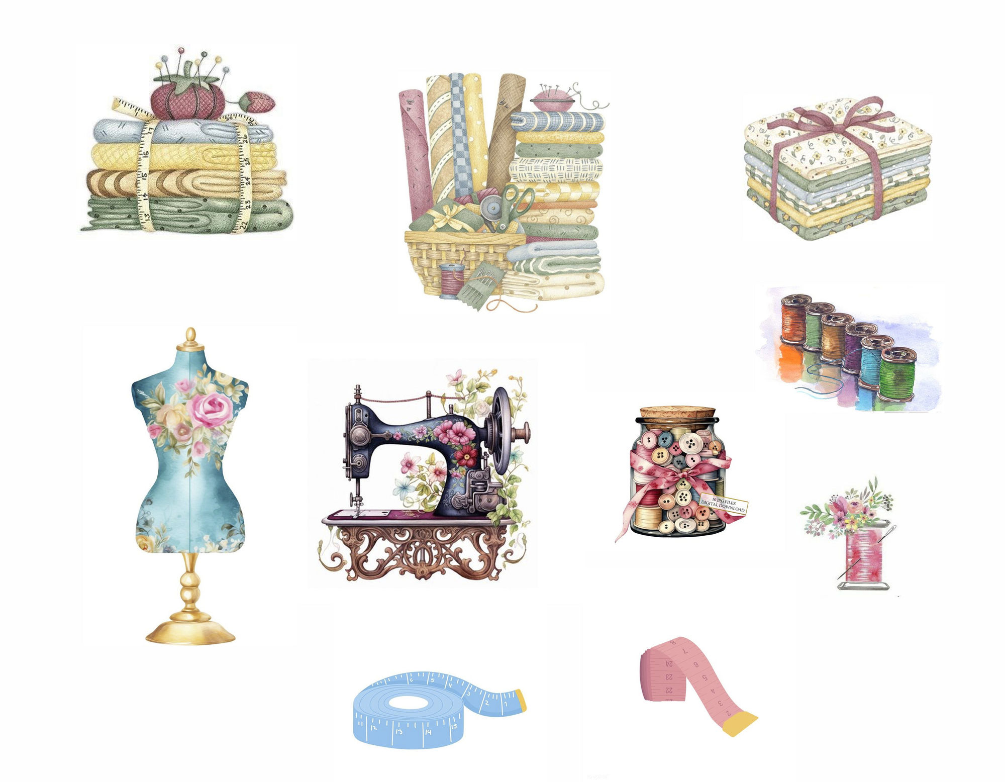 Watercolor sewing elements such as sewing machine, fabric stacks, threads, pins, needles, scissors, basket with sewing elements, all very pr...