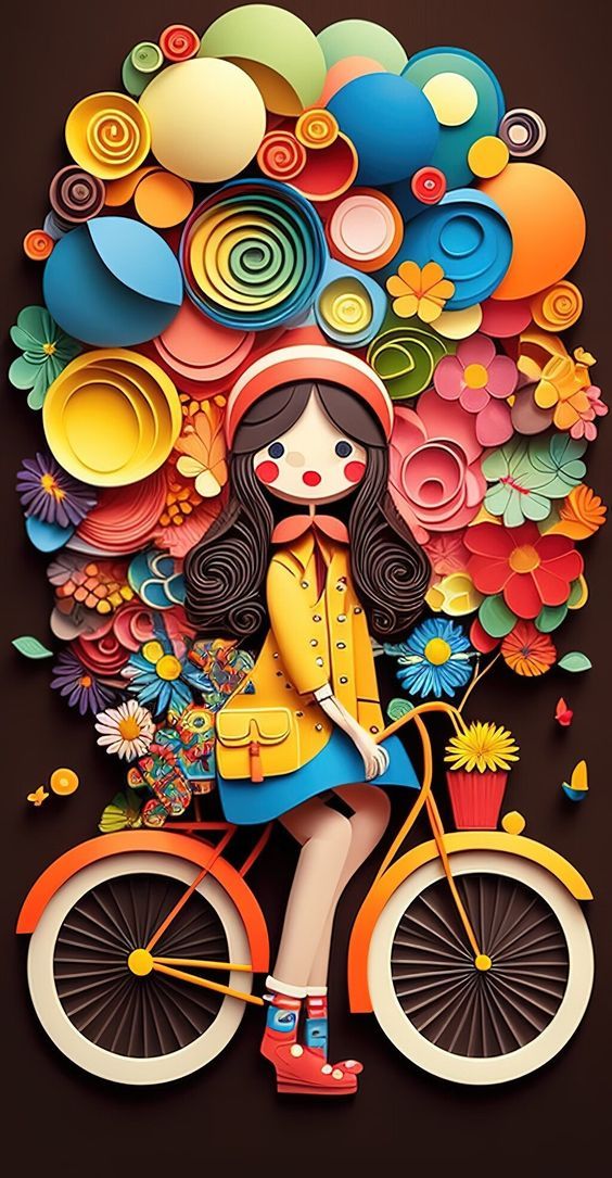 watercolor of girl cyclist standing in front of her bicicle on the sky held by many colored helium balloons over a rainbow surrounded by flo...