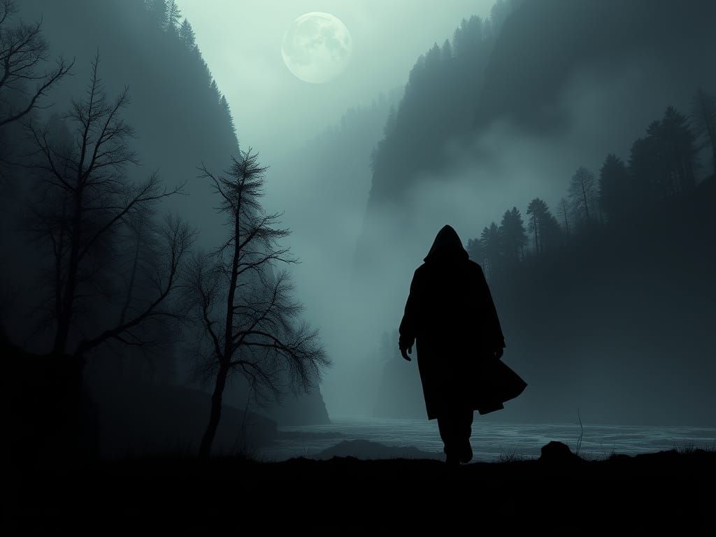 Une vue d'une rivière sombre et brumeuse, avec une silhouette solitaire marchant le long de la berge