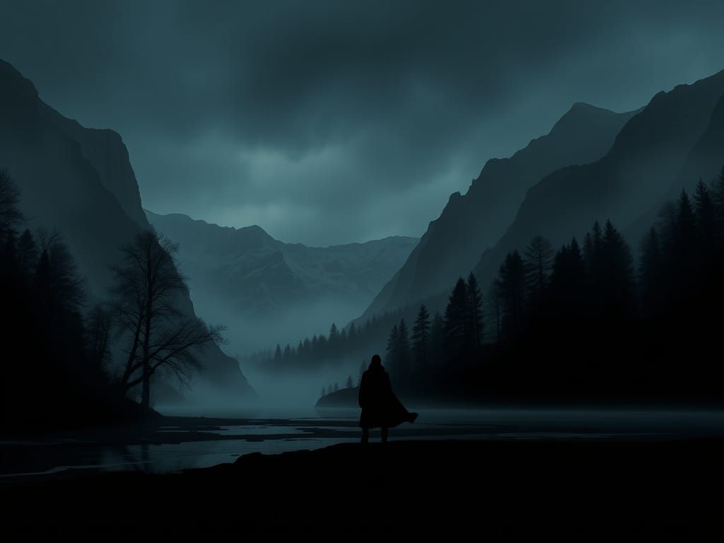 Une vue d'une rivière sombre et brumeuse, avec une silhouette solitaire marchant le long de la berge