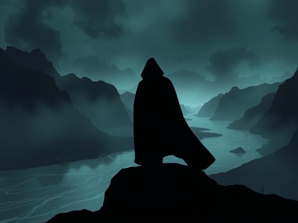 Une vue d'une rivière sombre et brumeuse, avec une silhouette solitaire marchant le long de la berge