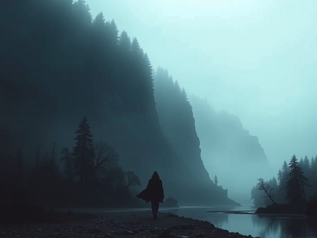 Une vue d'une rivière sombre et brumeuse, avec une silhouette solitaire marchant le long de la berge
