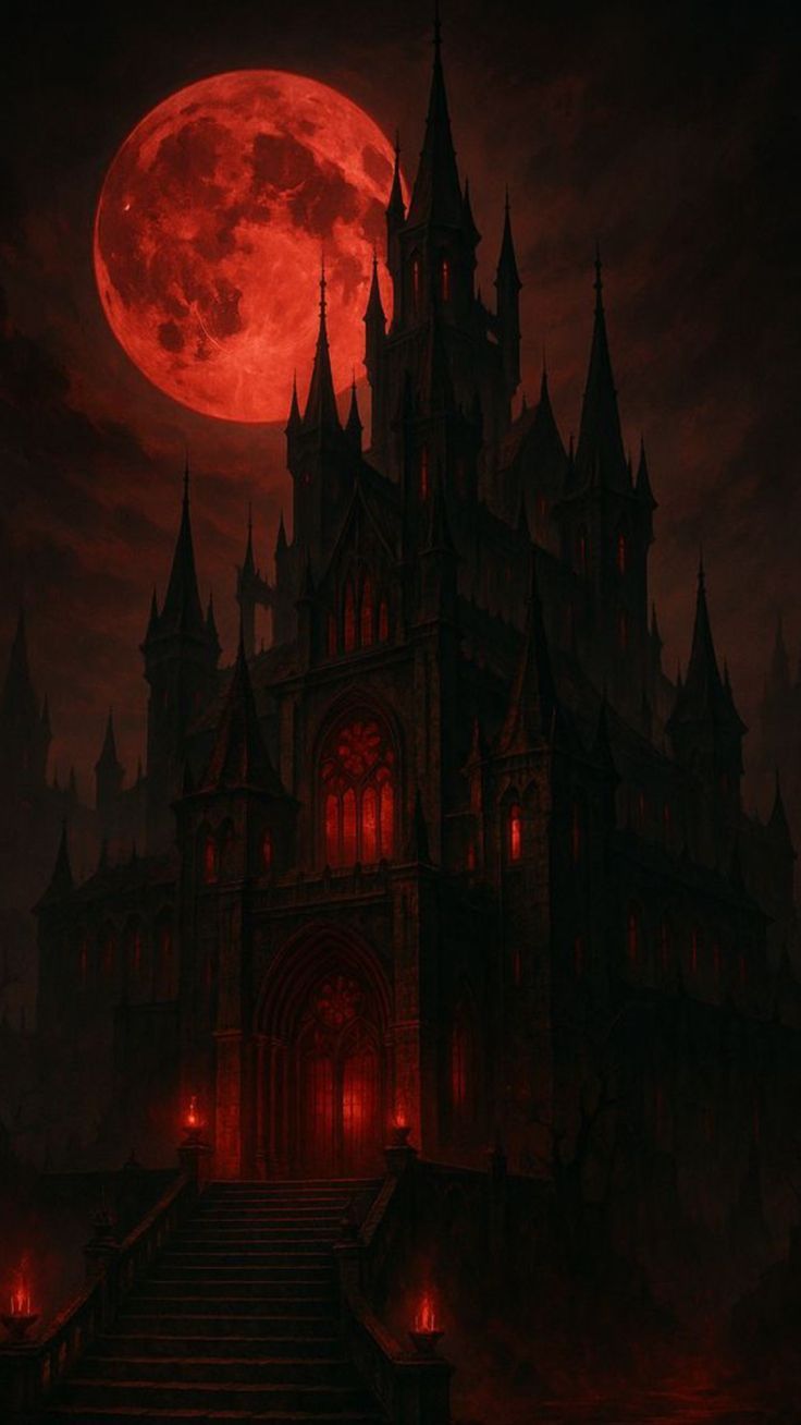 The scene unveils a towering Gothic fortress rising like a jagged shadow against a sky drowned in crimson. A colossal red moon hangs unnatur...