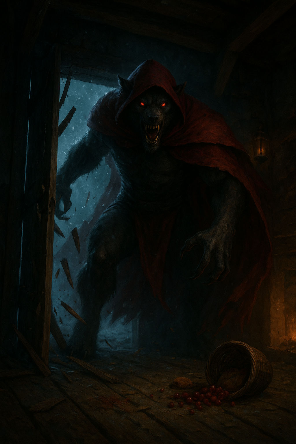 A dark fantasy cinematic scene showing the Big Bad Wolf from Red Riding Hood as a terrifying humanoid werewolf. Full-body shot, seen from a ...