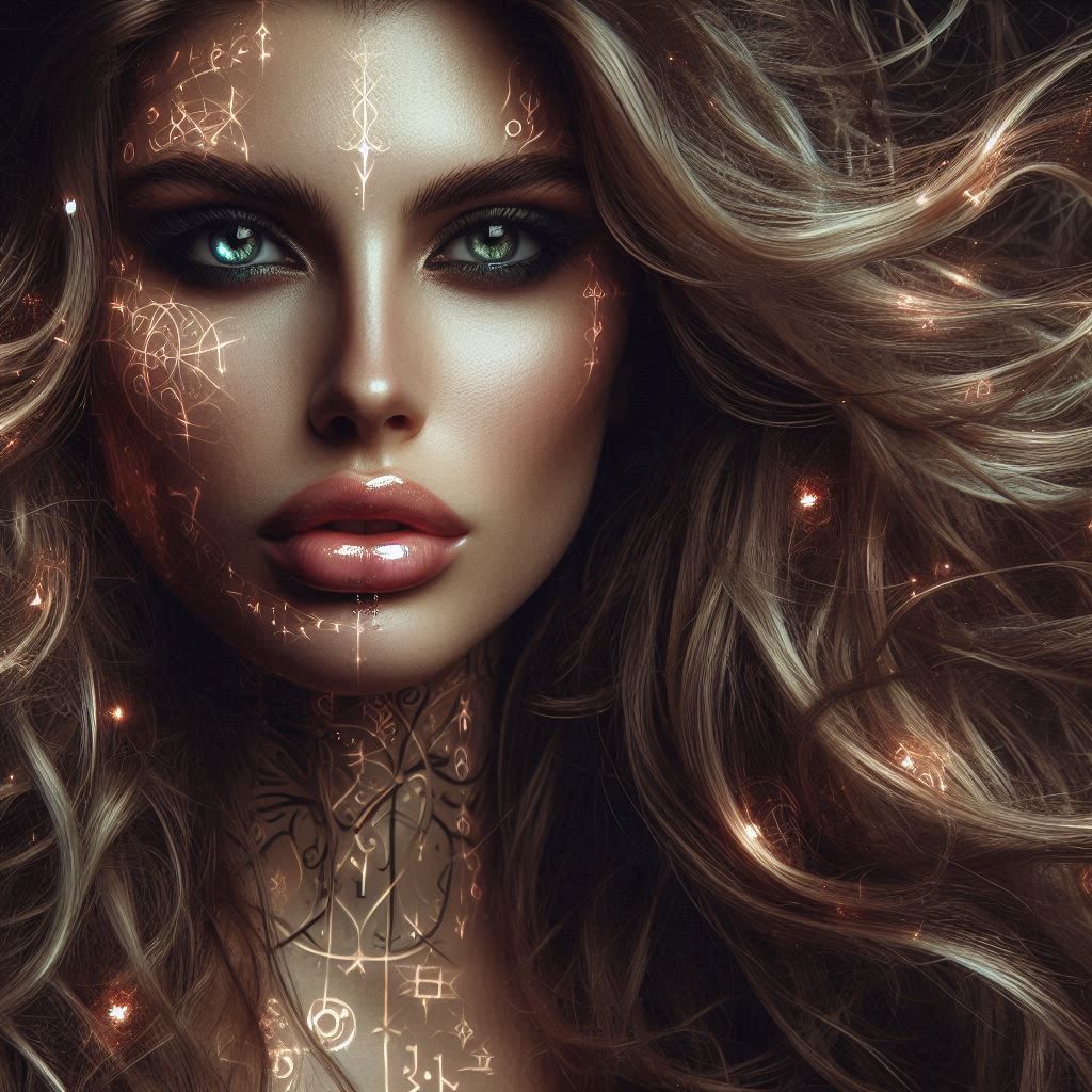 Insanely detailed photograph of a beautiful druid woman, ancient symbols glowing on her skin, intricate full shiny lips bright shiny eyes se...