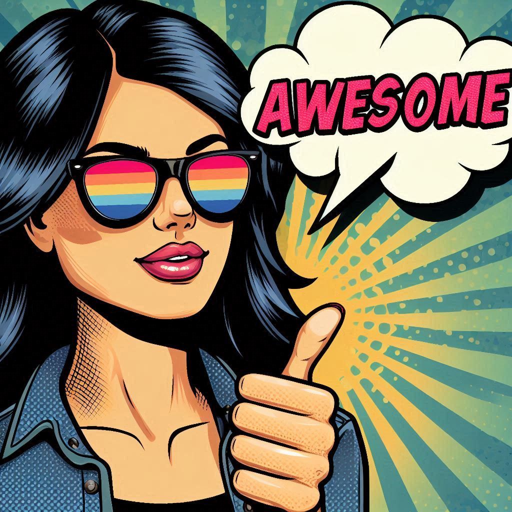 Pop art girl with beehive hair, sunglasses, with speech bubble that says Awesome!! 