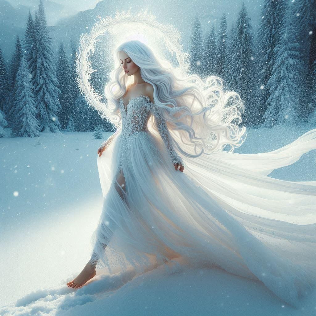 A woman dressed in a white flowing gown walking barefoot in a snow-covered blissful scene with long white hair billowing in the breeze and a...