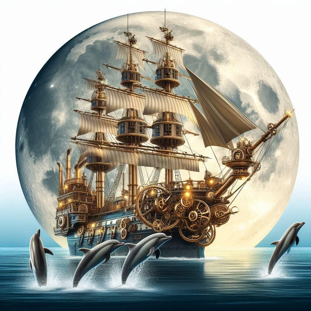 a grand steampunk ship cutting through the waves, billowing clouds of steam into the sky. It has intricate gears and cogs . Massive paddle w...