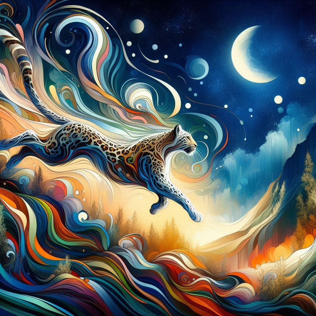 Lyrical abstract art style with lively leopards leaping lightly, leaving long-lasting luminous lunar lines in the lush landscape