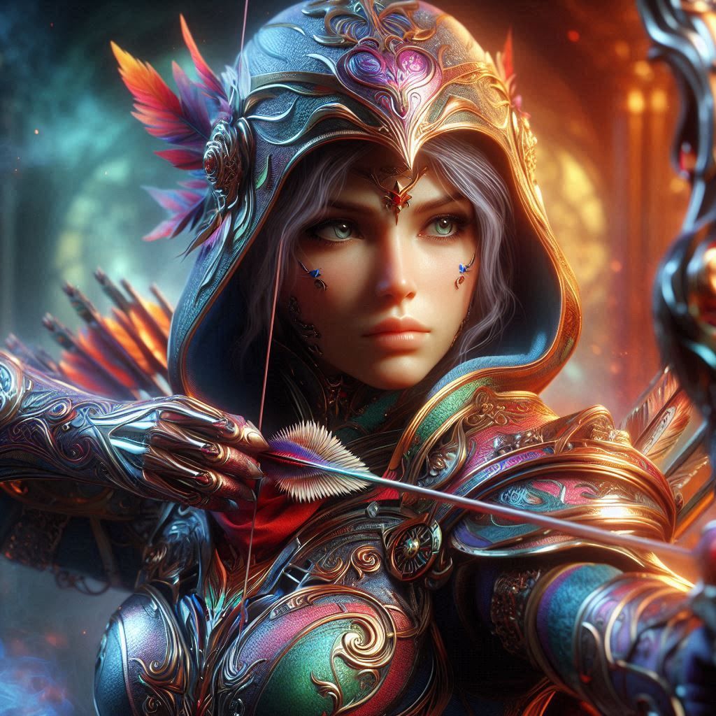 A female mercenary archer with vibrant colors, intricate designs, wearing armor that has elements of fantasy and magic, set in a photorealis...