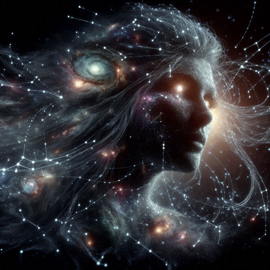 <lora:SurDime:1.3> Woman formed from constellations, celestial matter and distant galaxies. Her eyes are galaxies, space dust swirls around...