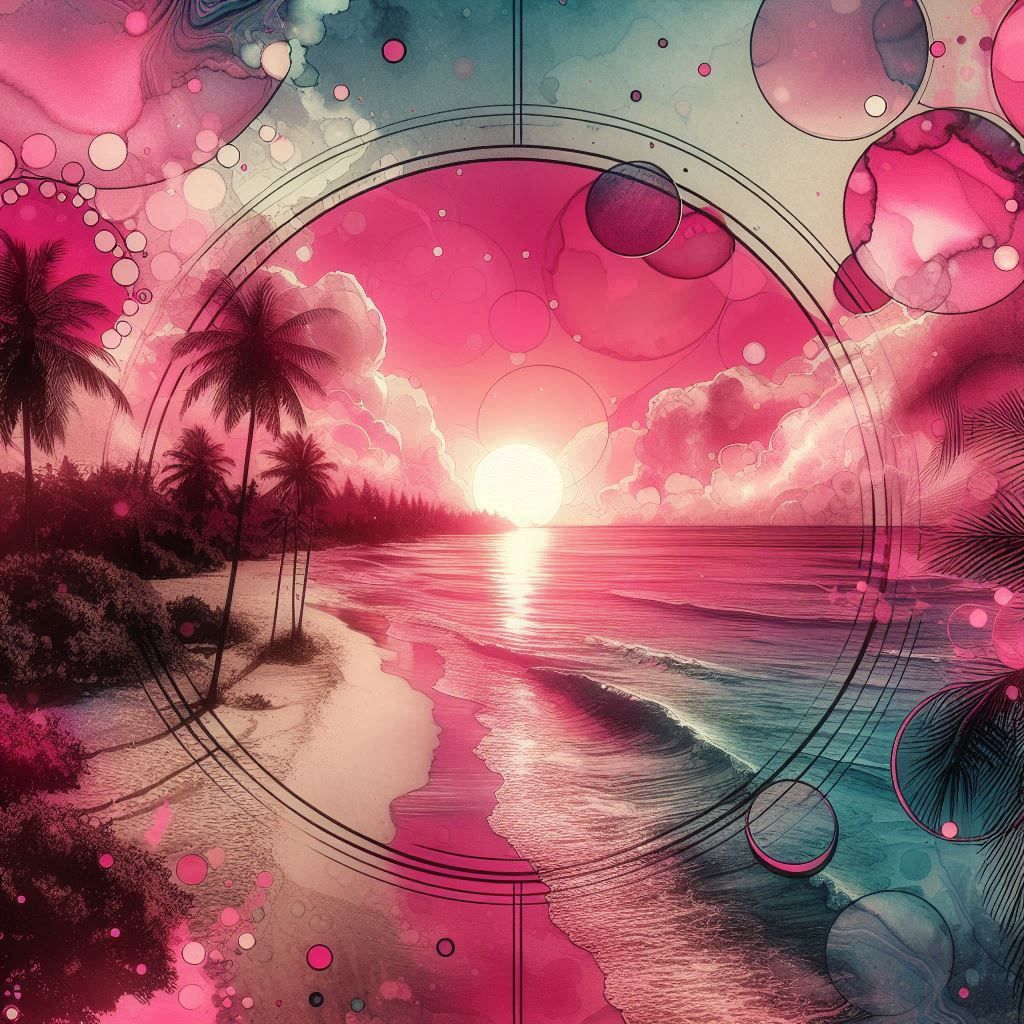 Watercolor image of a vibrant pink sunset over the ocean, beach and palm trees, incorporating elements of alcohol ink and pop art.