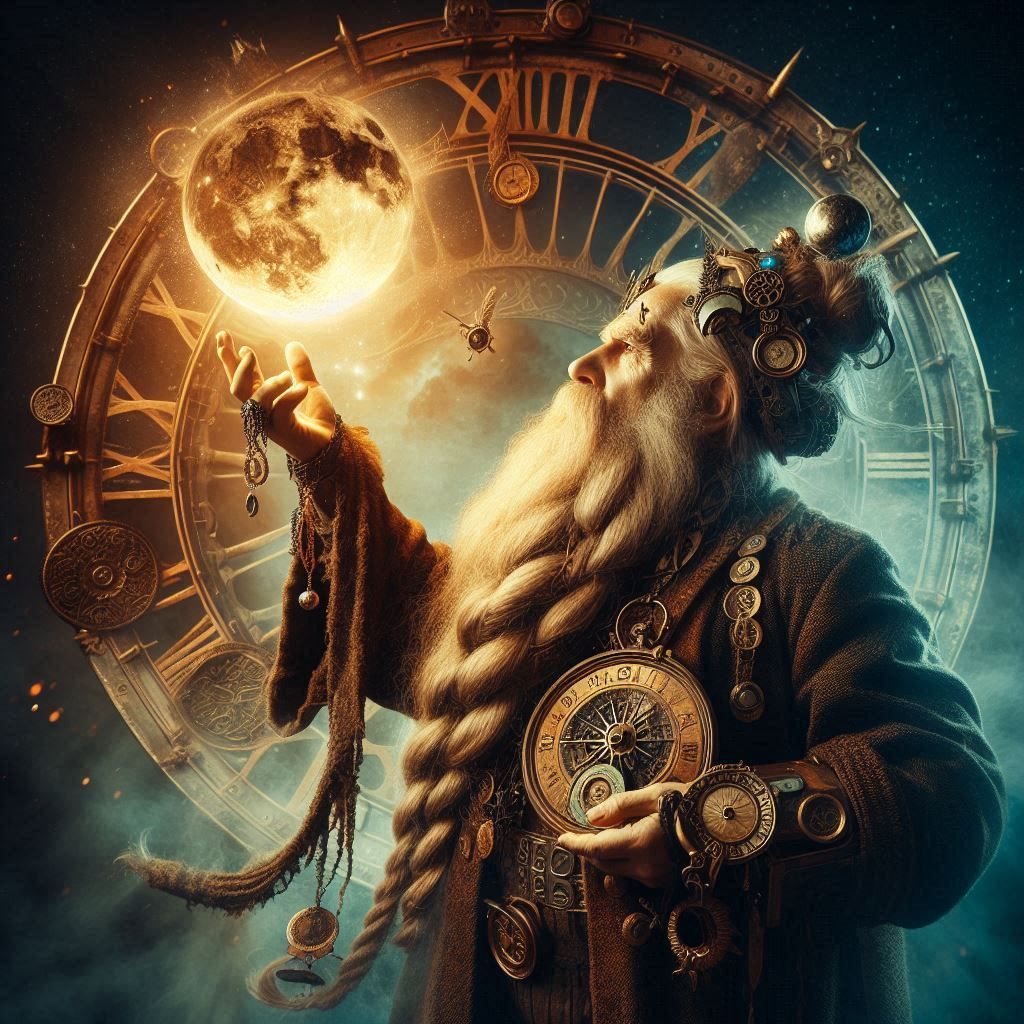 A time keeper dwarf with a braided beard magically raising the moon and setting the sun in a steampunk style