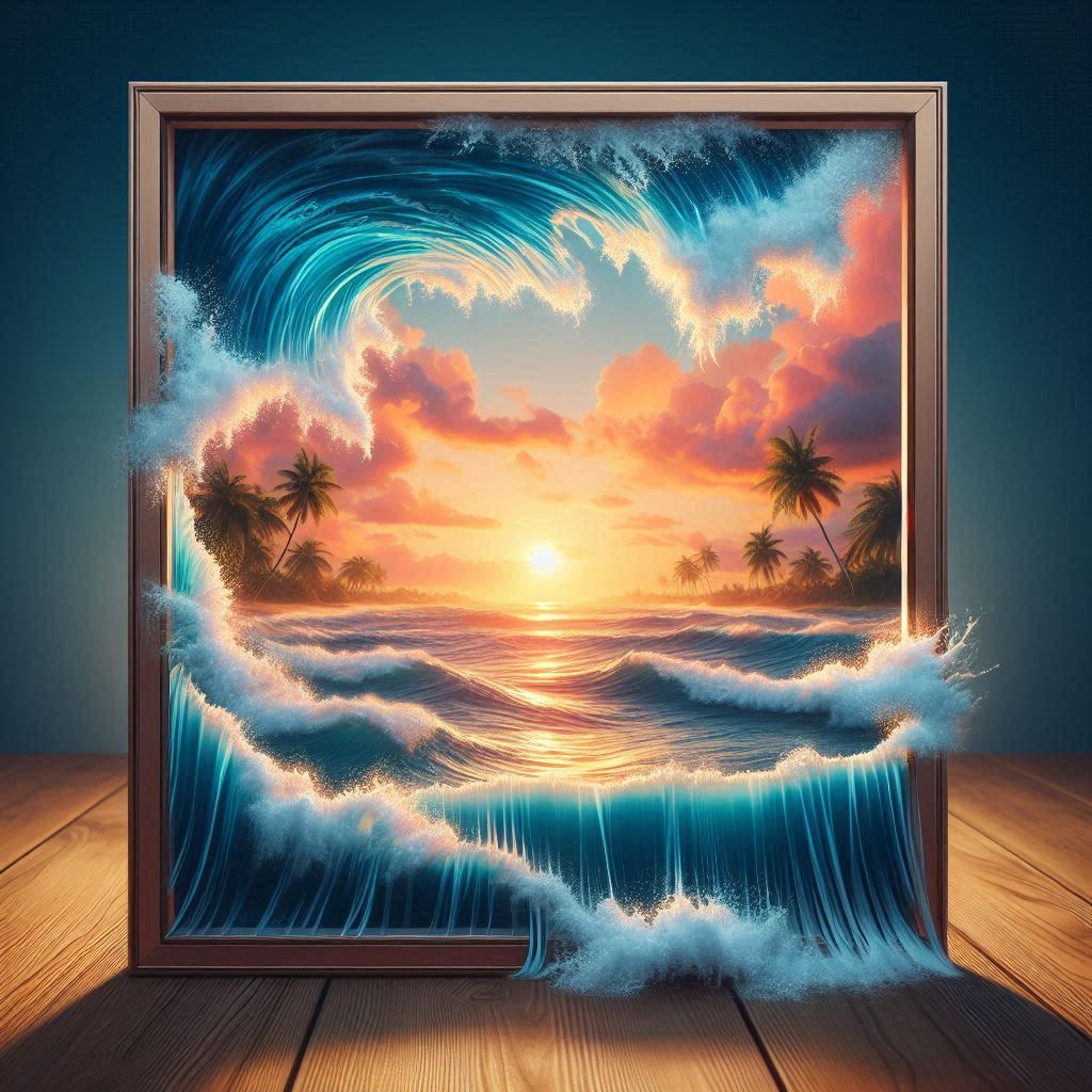 beautiful ocean scene at sunset in a picture frame the wave fall out of the picture onto a table in a 3d effect, dynamic lighting, 8K resolu...