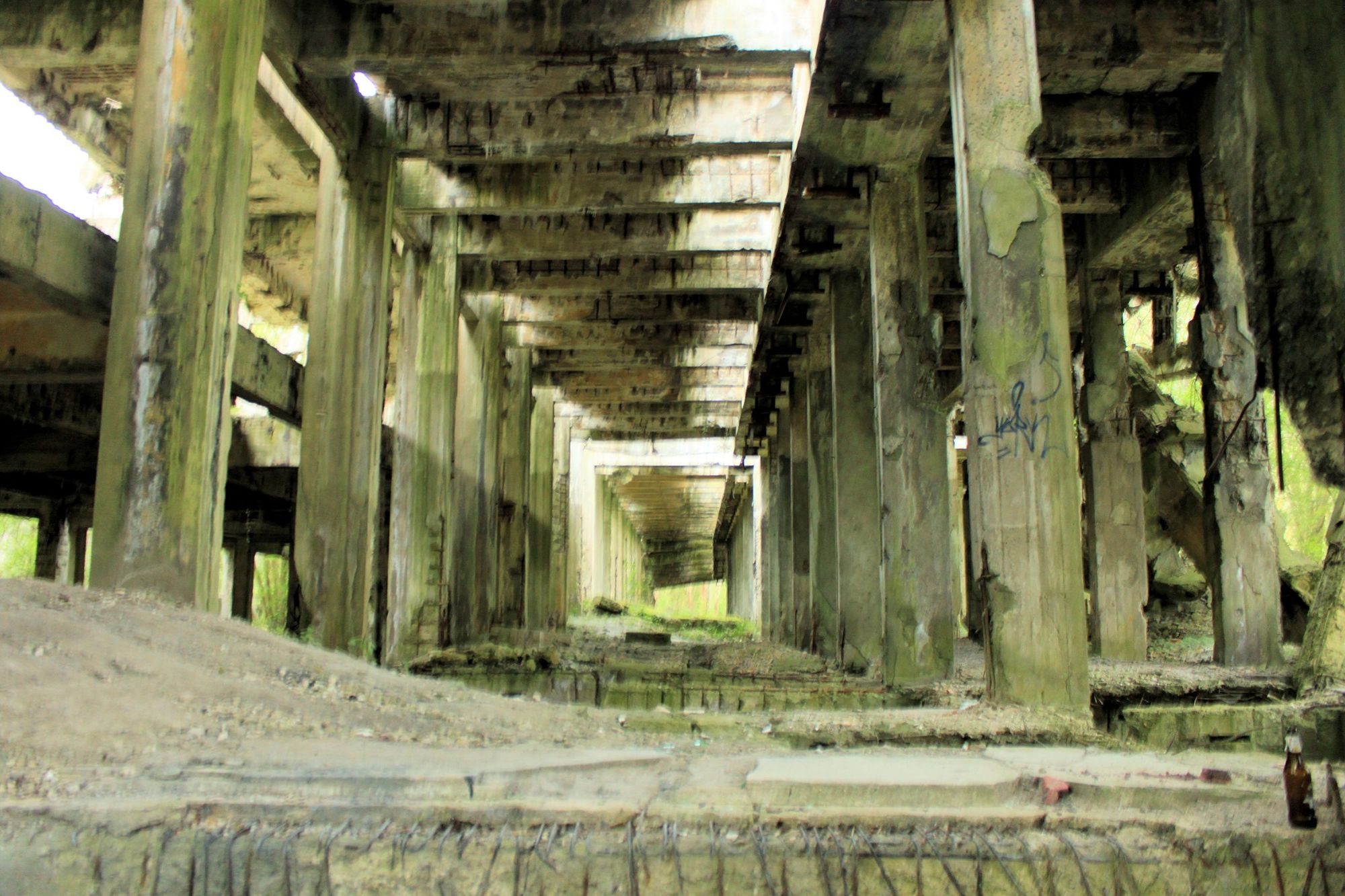post industrial military ruins. ruins of abandoned factory, foggy rainy night, alone explorer on the foreground,, horror Gustave Doré Greg R...