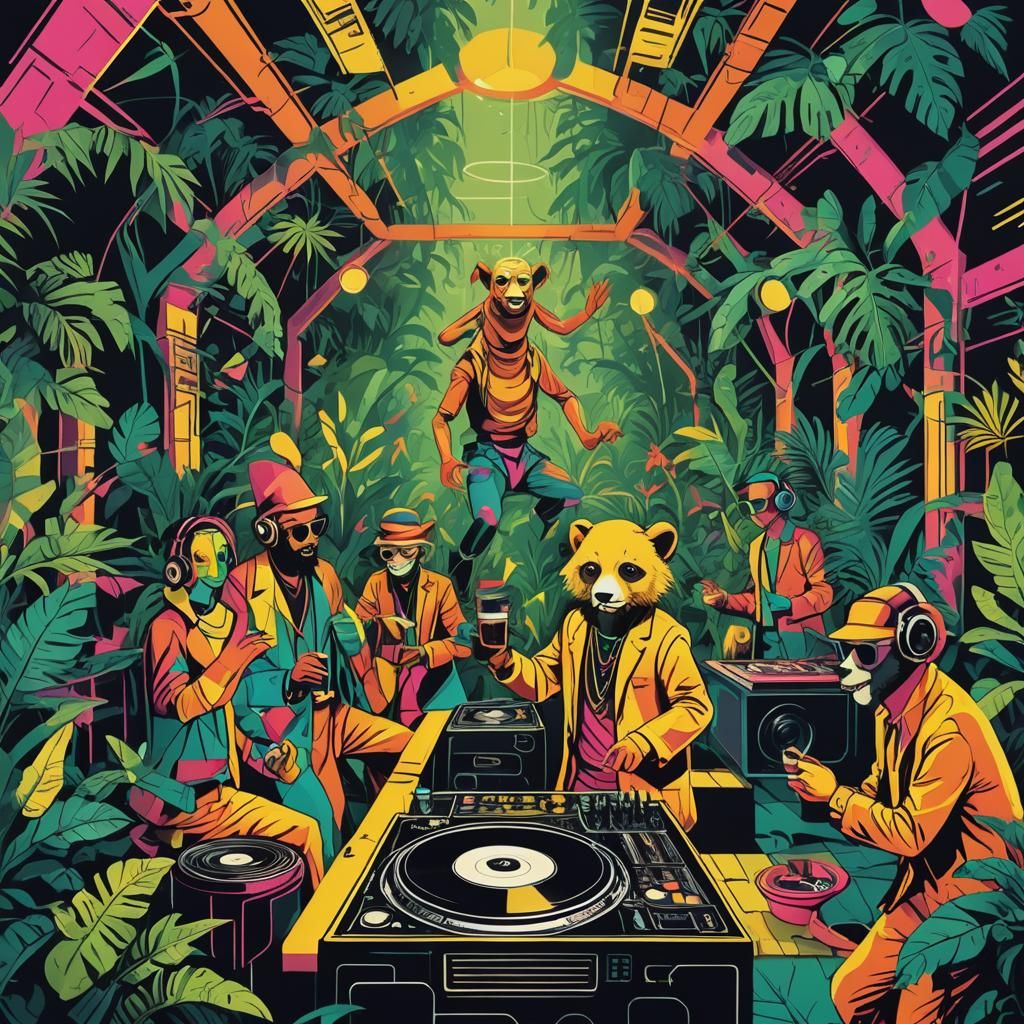 <lora:Gonzo XL:1.0> comic book art, psychedelic bold vibrant colour ink illustration, vibrant, undergrownd, jungle night club party with a d...