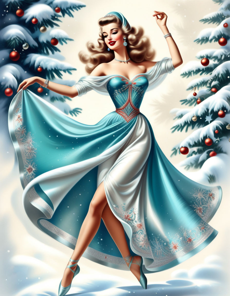 pin-up style drawing 1950, style of Alberto Vargas, a very beautiful girl of Slavic appearance doing arabesque in a random dance dynamic pos...