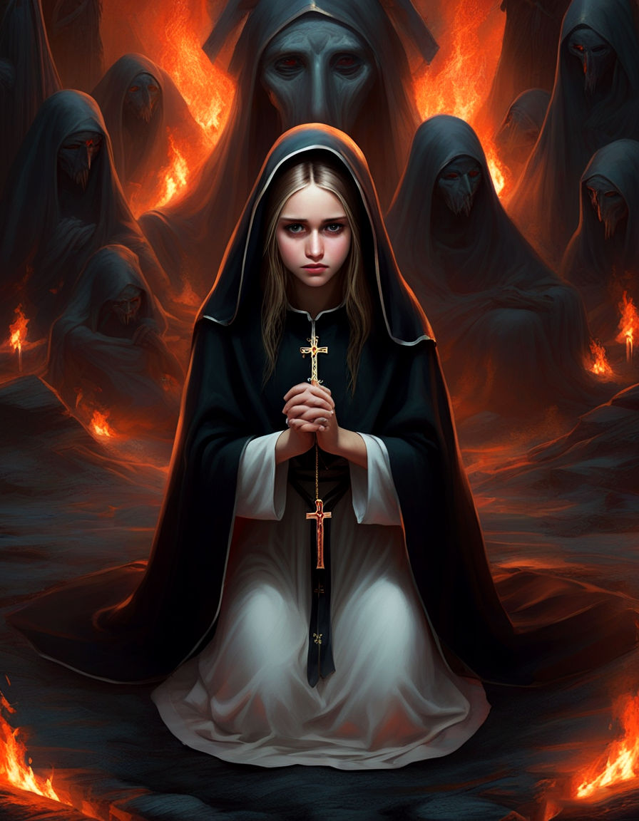 in the center of fiery Gehenna a beautiful and young nun is kneeling and praying,a beautiful face with tears on her cheeks, looking sadly st...