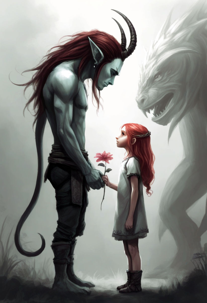 a very small and beautiful 7-year-old girl with red hair in a simple dress stands tall and looks up at the monster, The majestic monster kne...