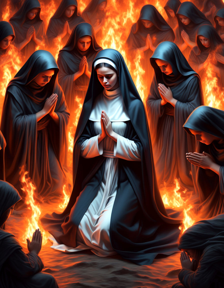 in the center of fiery Gehenna a beautiful and young nun is kneeling and praying,a beautiful face with tears on her cheeks, looking sadly st...