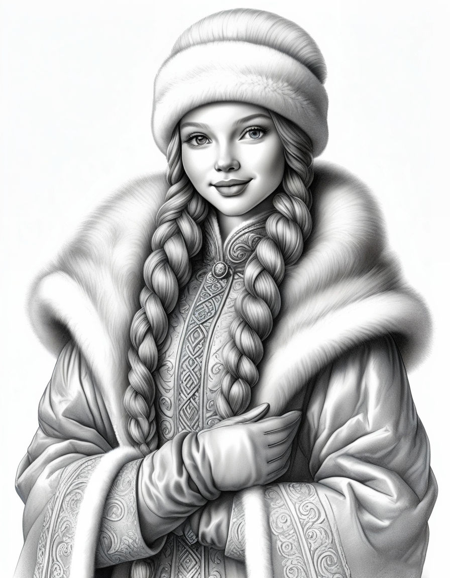 Highly detailed pencil drawing of a Slavic snow maiden in a long fur coat, winter hat, braided hair, mittens, sweet face, smile, intricate s...