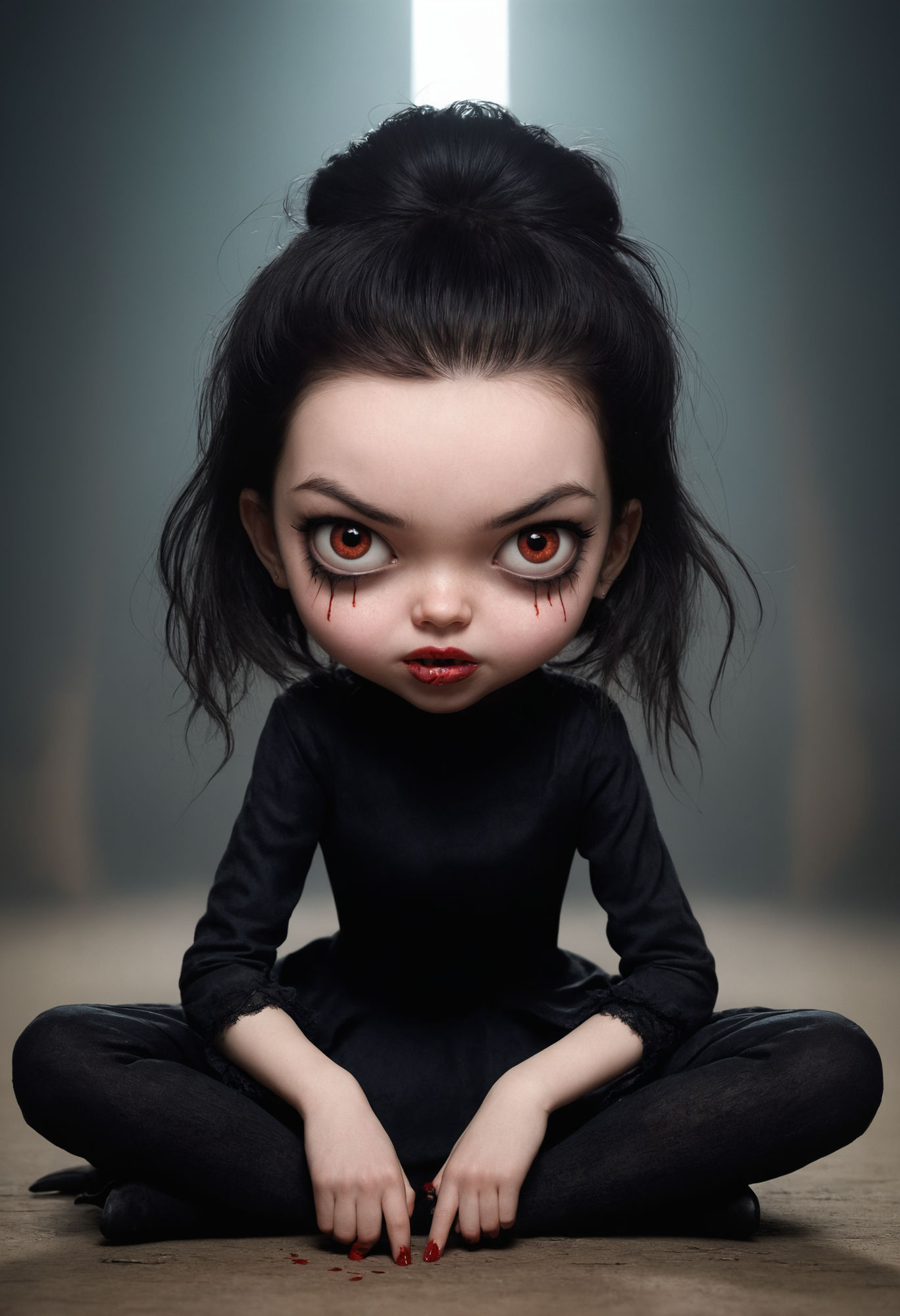 illustration by artist Nicoletta Ceccoli, minimalistic cartoon style, Playful and exaggerated cartoon character female horror young girl wit...