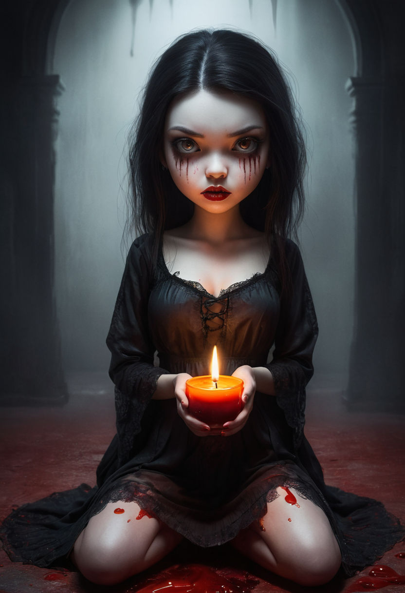 illustration by artist Nicoletta Ceccoli, minimalistic cartoon style, Playful and exaggerated cartoon character female horror young girl wit...