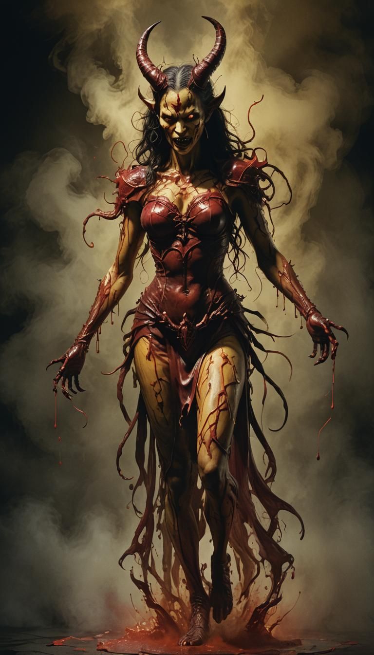The devil woman stands in a dynamic full-length pose, aggressive digital illustration, trapped emotions depicted, stench, disgust, the most...