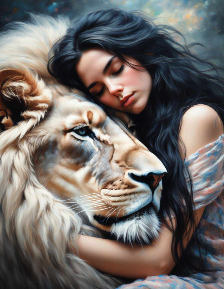 Realistic oil painting of a close up of a young woman with very long black hair hugging her huge fluffy lion, closed eyes, contrast between...