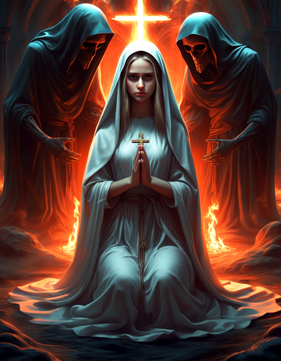 in the center of fiery Gehenna a beautiful and young nun is kneeling and praying,a beautiful face with tears on her cheeks, looking sadly st...